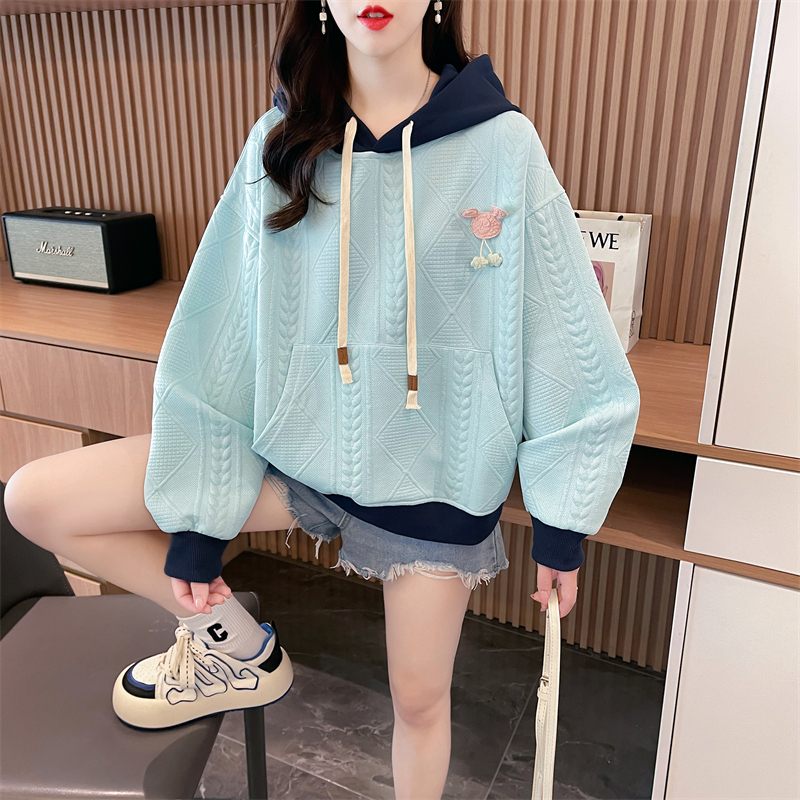 Real shot 2024 spring Korean style loose hooded jacquard contrasting color three-dimensional decoration Chinese cotton large size thin sweatshirt for women