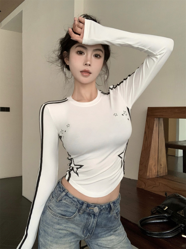 實拍 春季韓版修身美式槓條辣妹印花設計感純棉長袖女上衣T恤