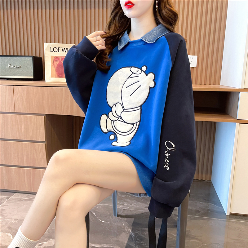 Actual shot of 2024 spring Korean style loose POLO collar fake two-piece cartoon mid-length large size thin sweatshirt for women