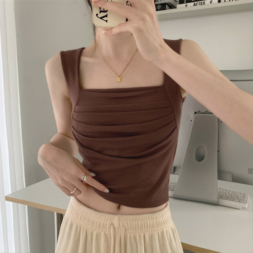 Square collar pleated bottoming vest for women summer Korean version 2024 new slim fit sweet and spicy style inner wear outer top