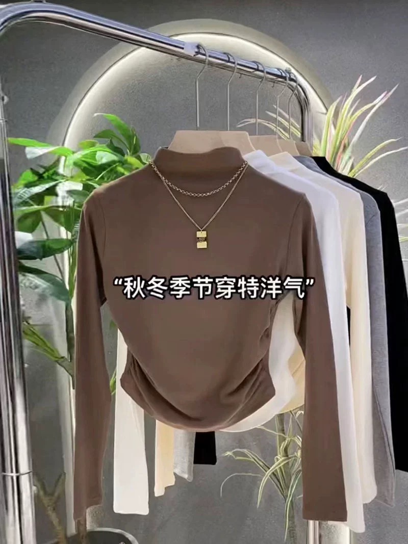 半高領長袖黑色打底衫女秋季2024新款韓版修身顯瘦百搭t恤上衣ins