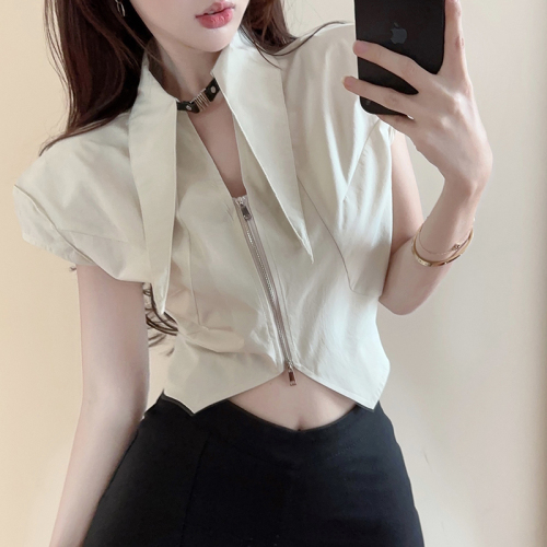 Actual shot of retro niche design unique design zipper fashionable pointy collar shirt