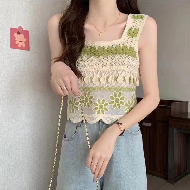 French square neck hollow out gentle and sweet style embroidered lace splicing short-sleeved temperament square neck top women's trend