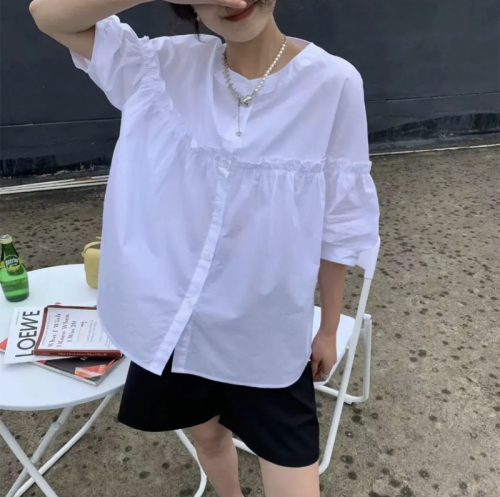 Summer new plus size women's lazy style puff sleeve white shirt pure cotton short-sleeved fashion loose and versatile top