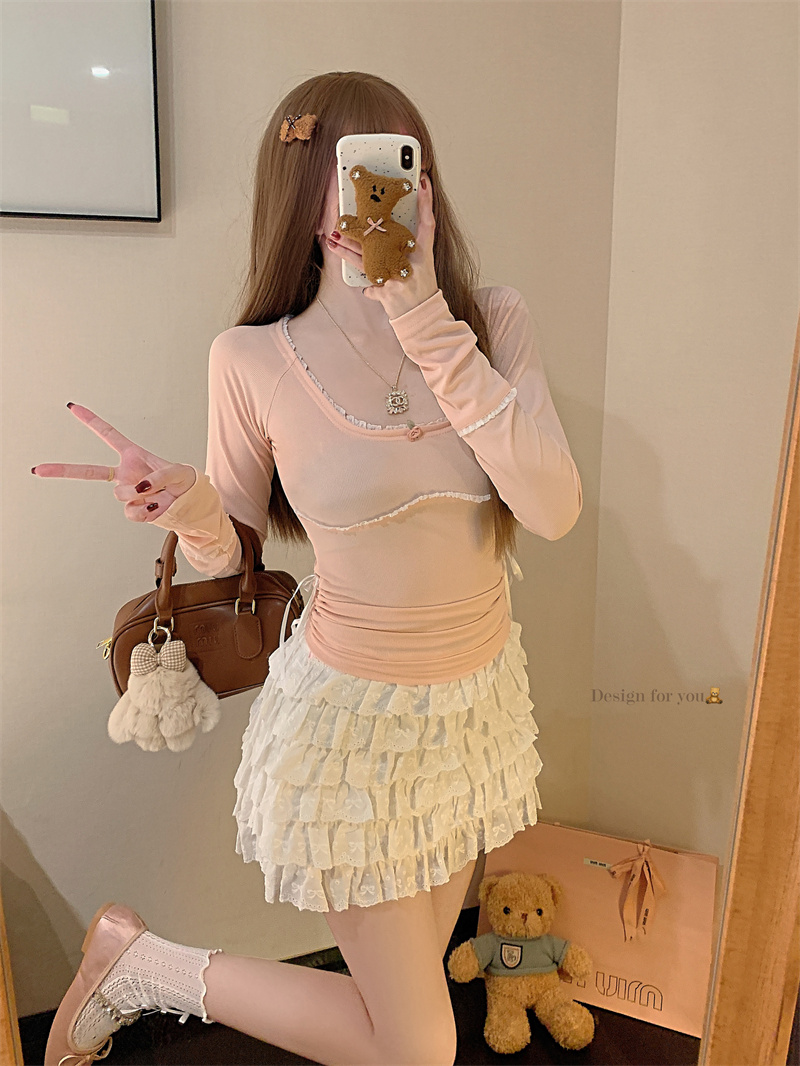 Real shot of ballet style bow lace U-neck pleated slim T-shirt long-sleeved top in 3 colors
