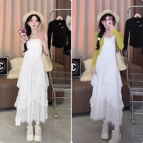 Official photo ~ Boiled water Versatile loose bottoming suspender skirt white dress lady