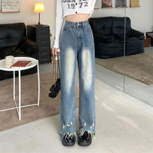 2024 New American Retro Washed Raw Edged Trousers with Holes and Tassels High Waist Loose Slimming Wide Leg Jeans for Women