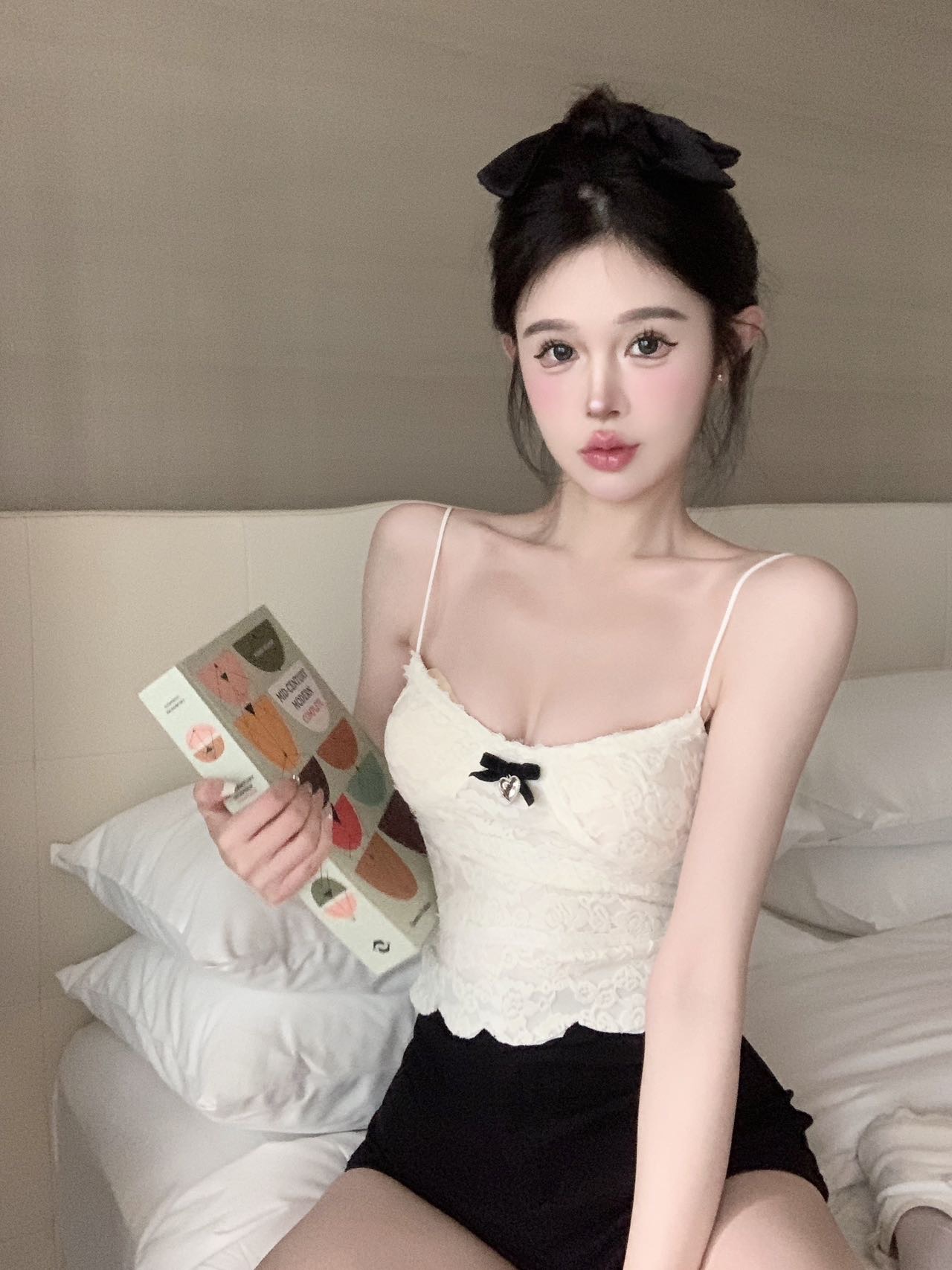 蕾絲邊胸墊法式吊帶背心辣妹性感新款蝴蝶結設計感小眾短款上衣