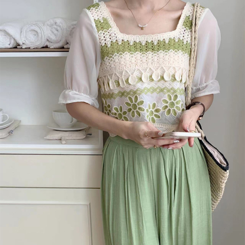 Korean style hollow square neck sweater for women summer new style spliced ​​organza puff sleeve short top