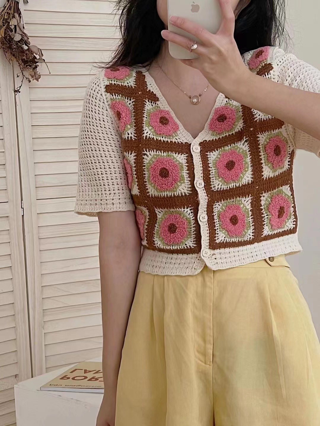 2024 summer women's casual pastoral style crochet thin knitted short-sleeved jacket