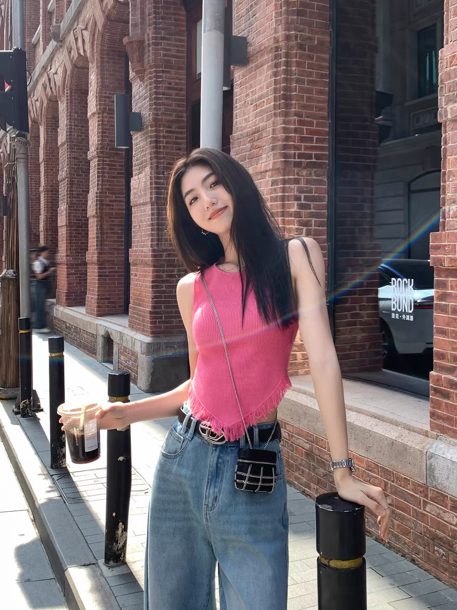 MULVAN knitted camisole women's summer sweet and spicy style outer wear slimming sleeveless tassel short top