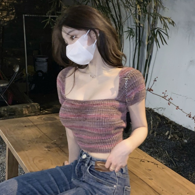 方領撞色條紋針織純欲上衣短袖女夏季性感甜辣妹高腰露臍短款T恤