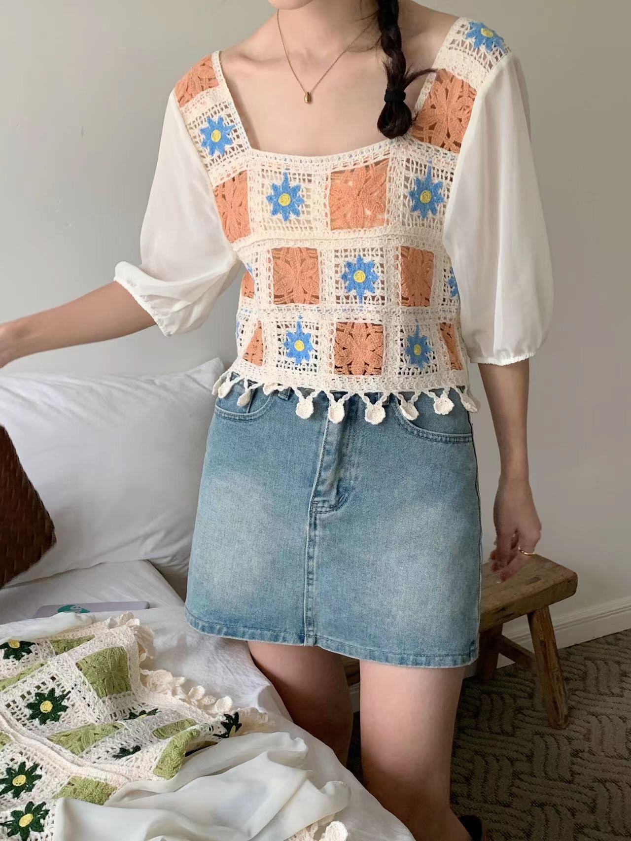 Women's summer new version of sweater Korean style embroidered crochet hollow square collar short pullover slimming short-sleeved top