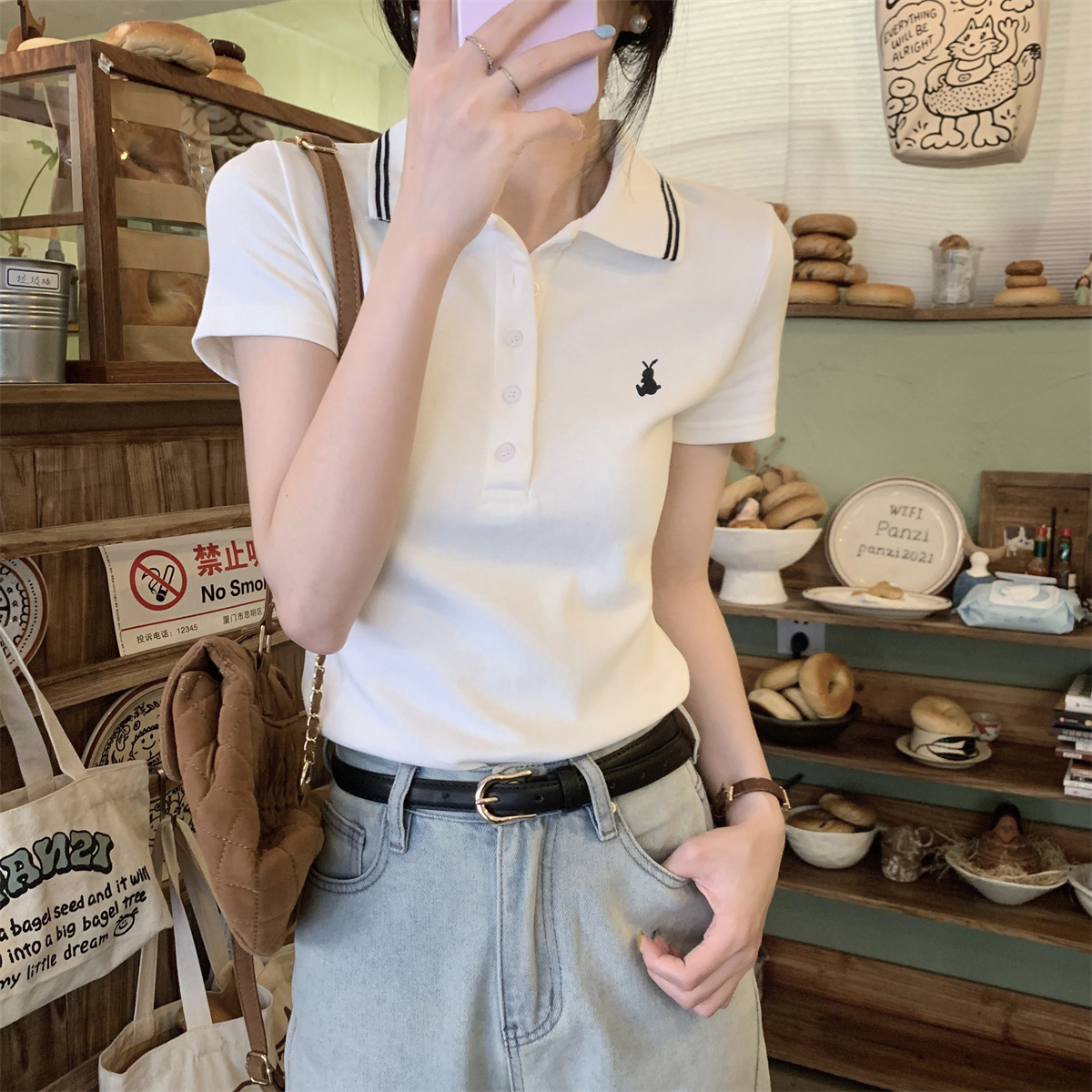 Actual shot of spring and summer Korean style slim-fitting polo collar embroidered design pure cotton short-sleeved T-shirt women's tops