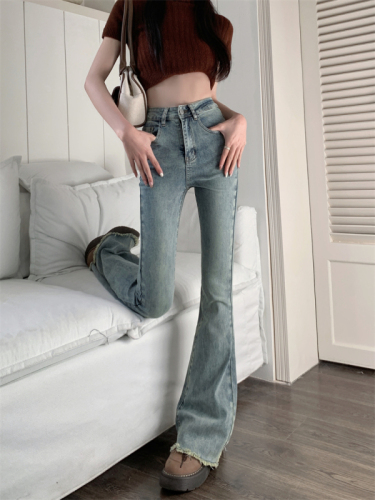 Actual shot ~ new slim fit retro versatile hot girl high waist raw edge flared jeans