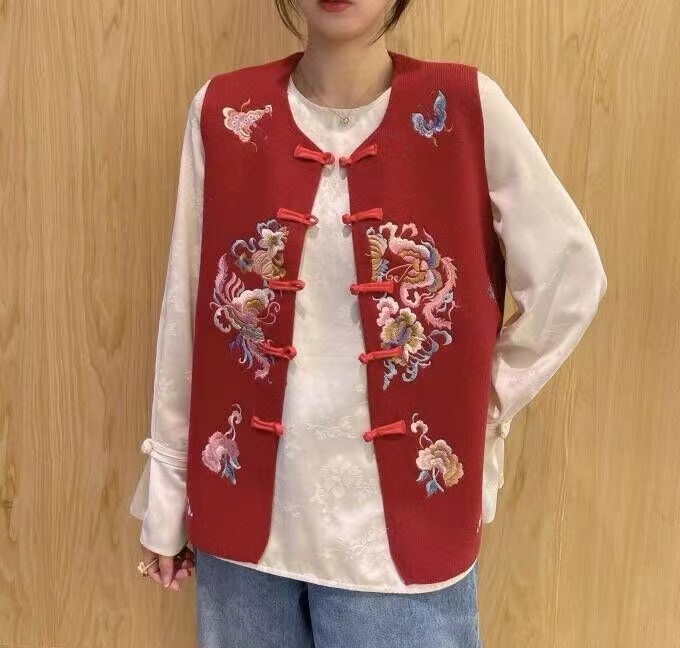 2024早春中式國潮風刺繡針織開衫背心盤扣復古民族風毛衣馬甲外搭