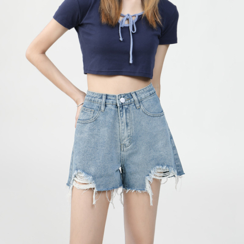 Versatile ripped raw edge denim shorts for women summer thin high-waisted slim a-line wide-leg hot pants trendy ins