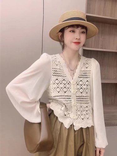 Summer Korean y.u.n new v-neck exquisite woven hollow stitching temperament chiffon sleeve super fairy shirt for women