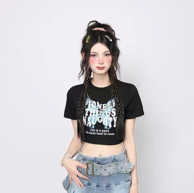 露腰辣妹T恤女2024夏季新款韓版短袖短款設計感小眾修身顯瘦上衣