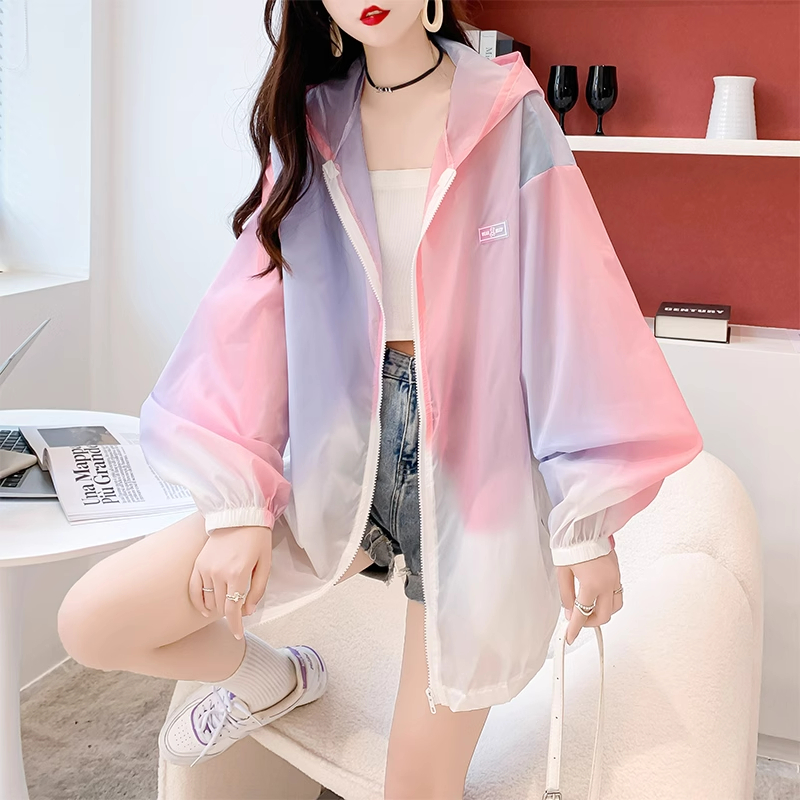 實拍原版質量寬鬆中長薄款拉鏈開衫防曬服漸變色外套女