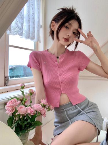 Actual shot of short-sleeved solid color simple temperament embroidered slim hot girl knitted top