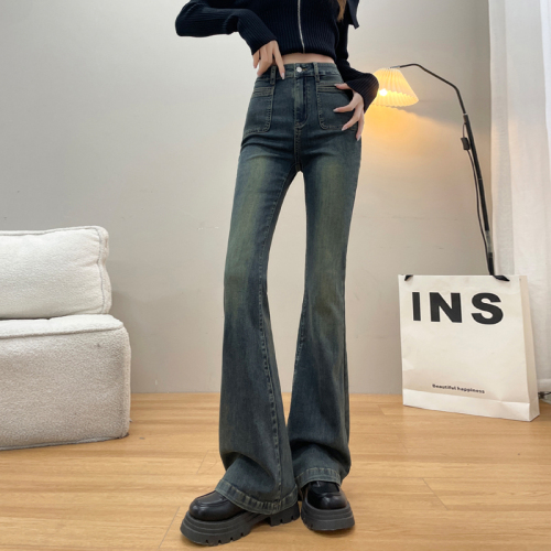 Cement gray micro-flared jeans for women, spring and autumn 2024 new slim, high-waisted, small, horseshoe-flared pants for women