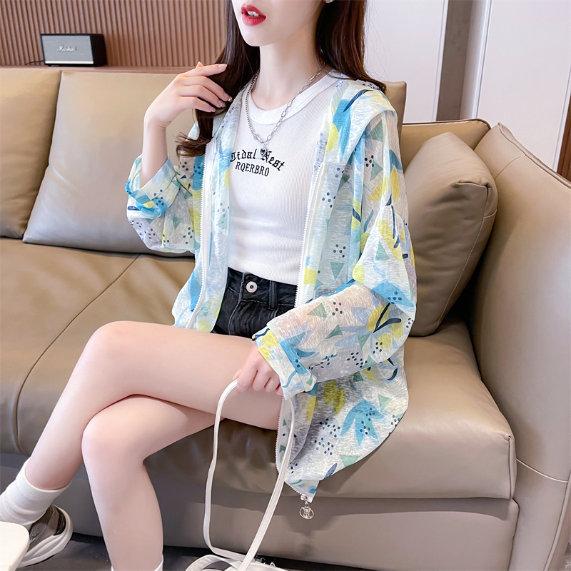 Real shot of ice silk nano silk thin mid-length loose cardigan zipper sun protection hooded jacket for women