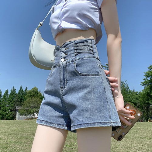 Korean style high-waisted denim shorts for women, new spring and summer thin models, American-style waist-cinching Internet celebrity hot girl pants