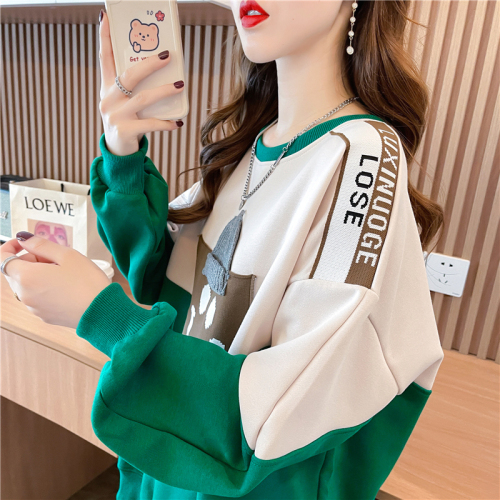 Actual shot of 2024 spring Korean style loose back color block cartoon patch large size women's thin sweatshirt for women