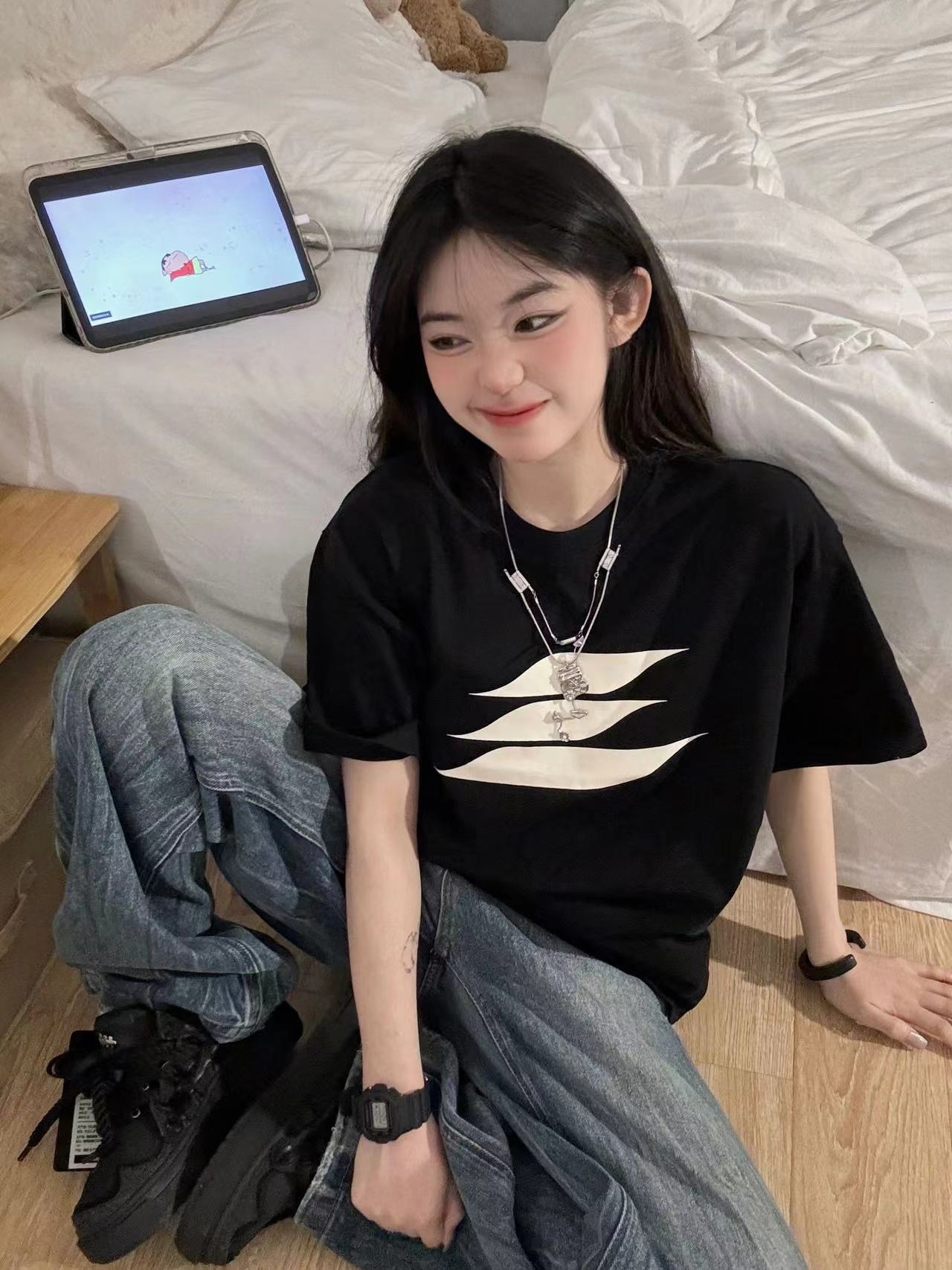 高質量純棉220克精梳緊密手感好直播品質前印花短袖t恤女