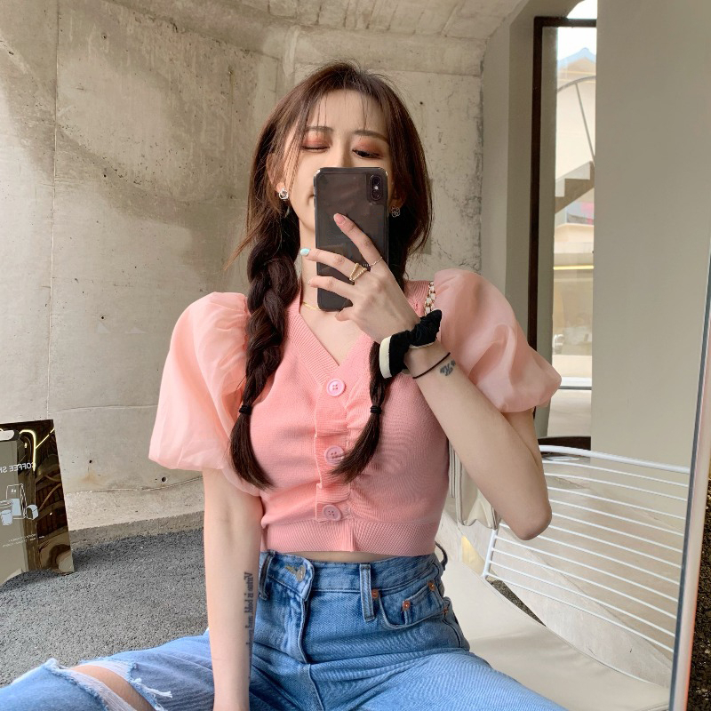 Knitted sweater for women pure desire short slim fit pink puff sleeve v-neck top 2024 summer new small cardigan jacket
