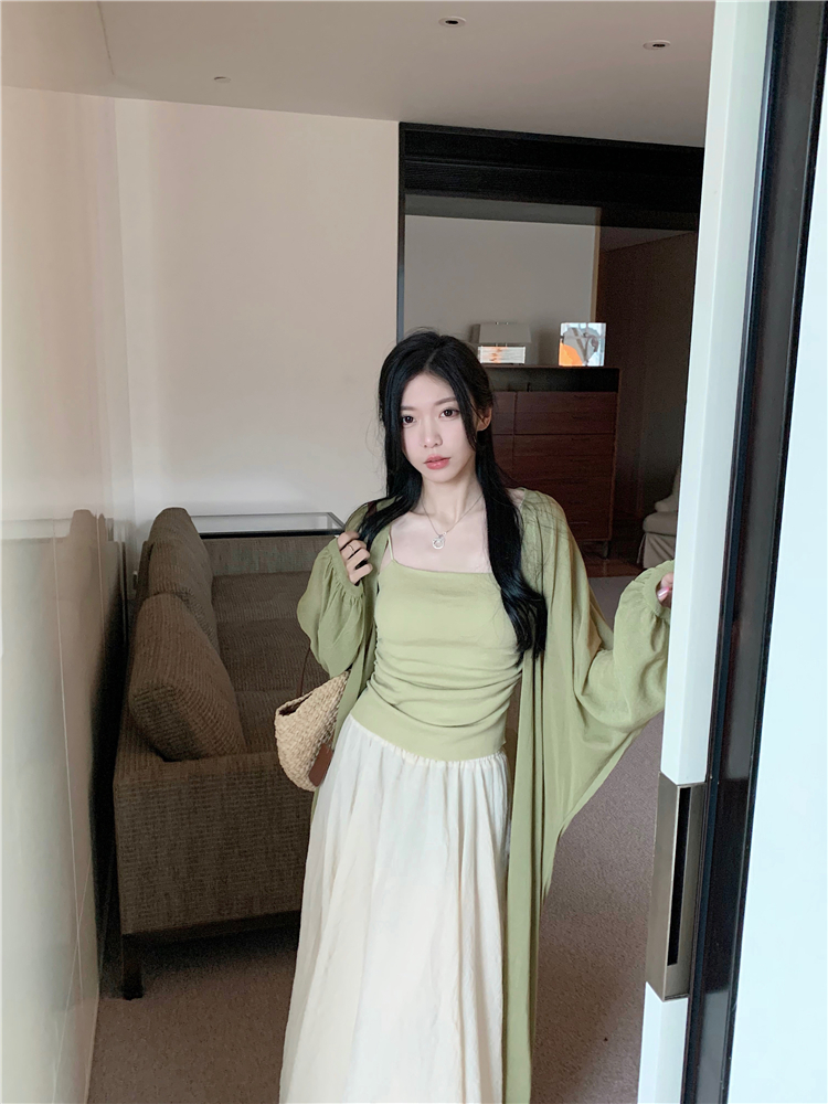 實拍大碼新中式禪意三件套防曬開衫+抽褶吊帶背心+仙女半身裙