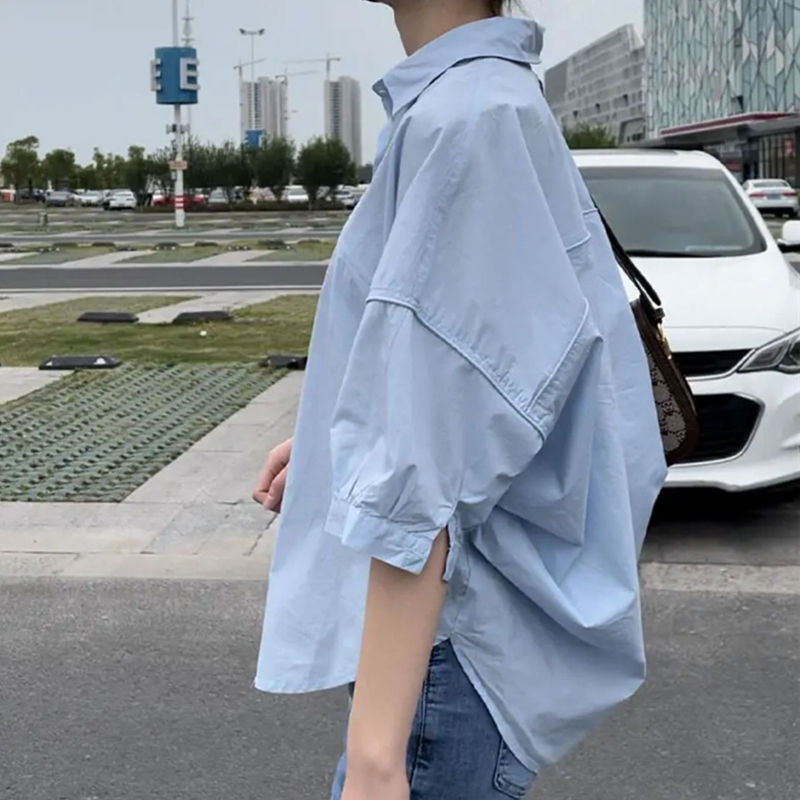 Summer new plus size women's pure cotton short-sleeved shirt thin sun protection clothing loose casual shirt three-quarter sleeve top