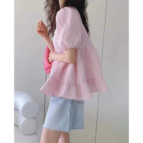 2024 summer new style puff sleeve top ruffled babydoll shirt sweet loose short-sleeved shirt temperament to reduce age