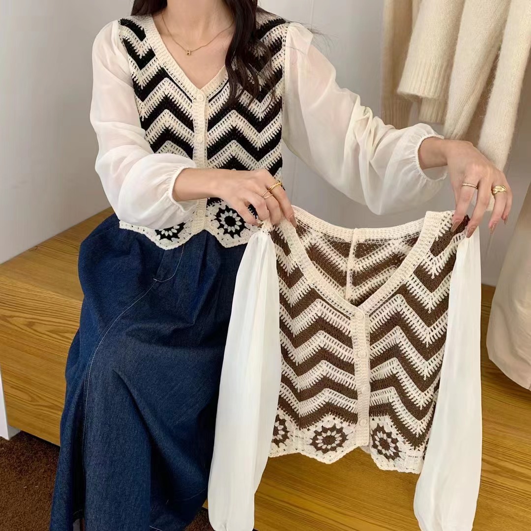 European stitching v-neck hollow knitted cardigan for women early autumn new 2024 French style shirt sweet little top