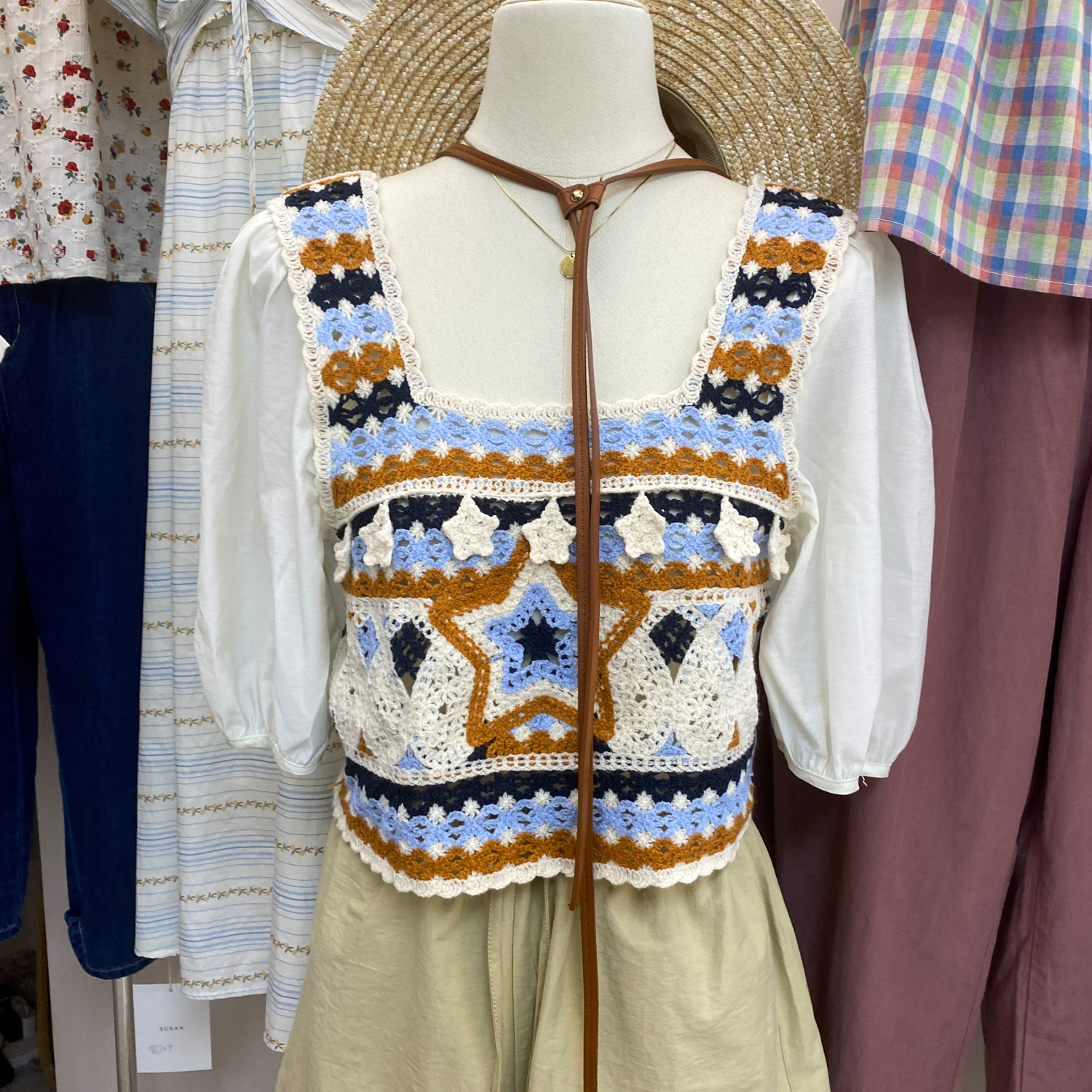 Versatile ethnic style crochet embroidery hollow vest women's summer fake two-piece new hot girl short top trendy