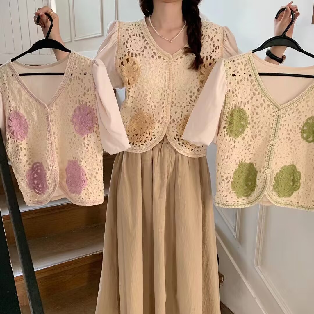 Summer new retro crochet hollow short outer knitted splicing chiffon cardigan short-sleeved top