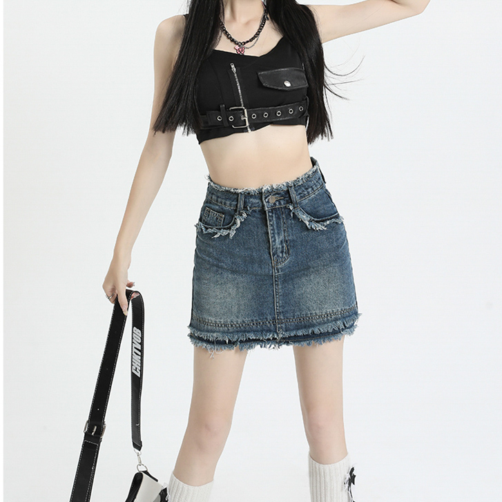復古毛邊牛仔半身裙女新款顯瘦高腰小個子防走光辣妹包臀短裙