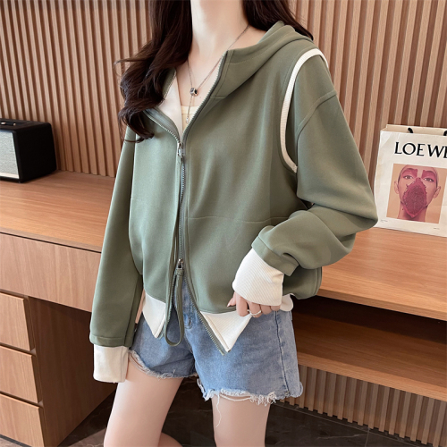 Actual shot of spring Korean style loose 315g Chinese cotton composite hooded color-blocked zipper cardigan thin jacket for women