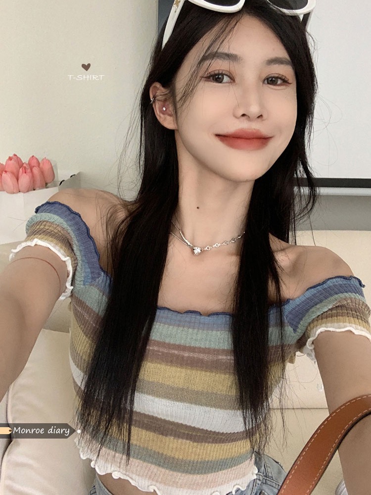 彩色條紋短袖針織衫女夏季設計感小眾一字肩辣妹修身短款露肩上衣