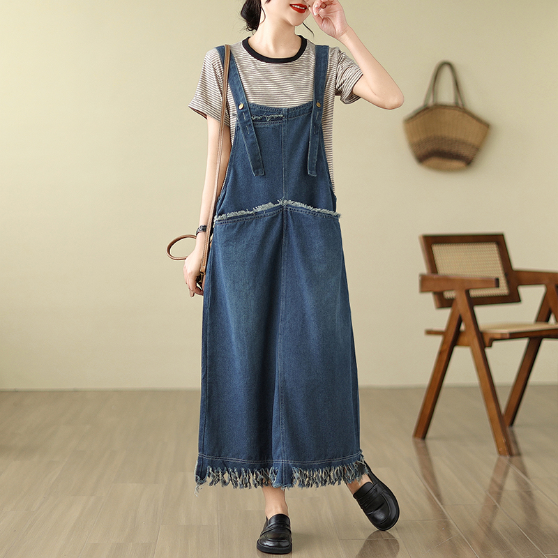 夏裝新款韓版大碼女裝毛邊設計大口袋牛仔流蘇背帶裙S-5XL200斤