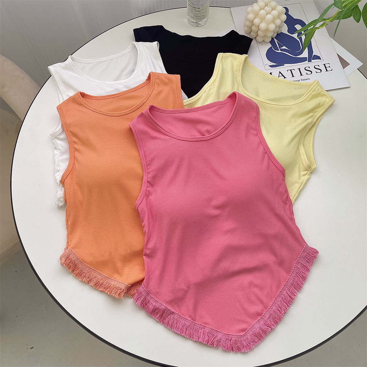 Pure lust style knitted small camisole outer wear women's slim design niche halter neck tassel sleeveless top with chest pads