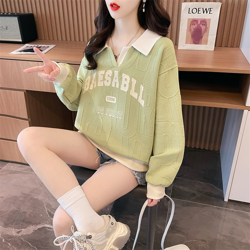 Real shot 2024 spring new Korean style loose jacquard contrast color POLO collar printed large size thin sweatshirt for women