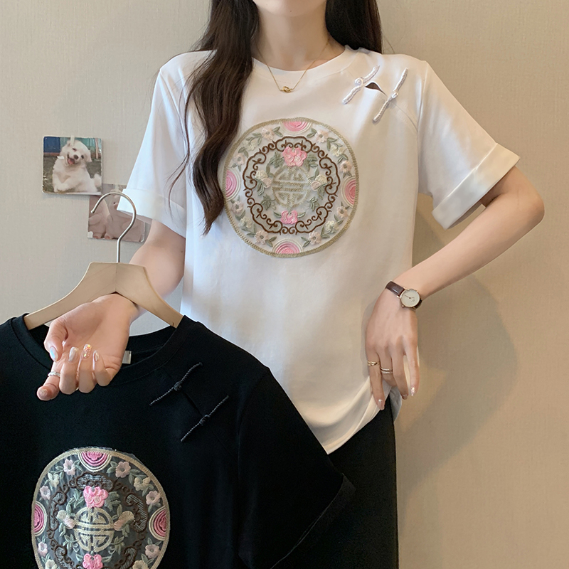 實拍2024夏裝新款胖mm大碼國潮簡約中國風新中式女上衣短袖T恤