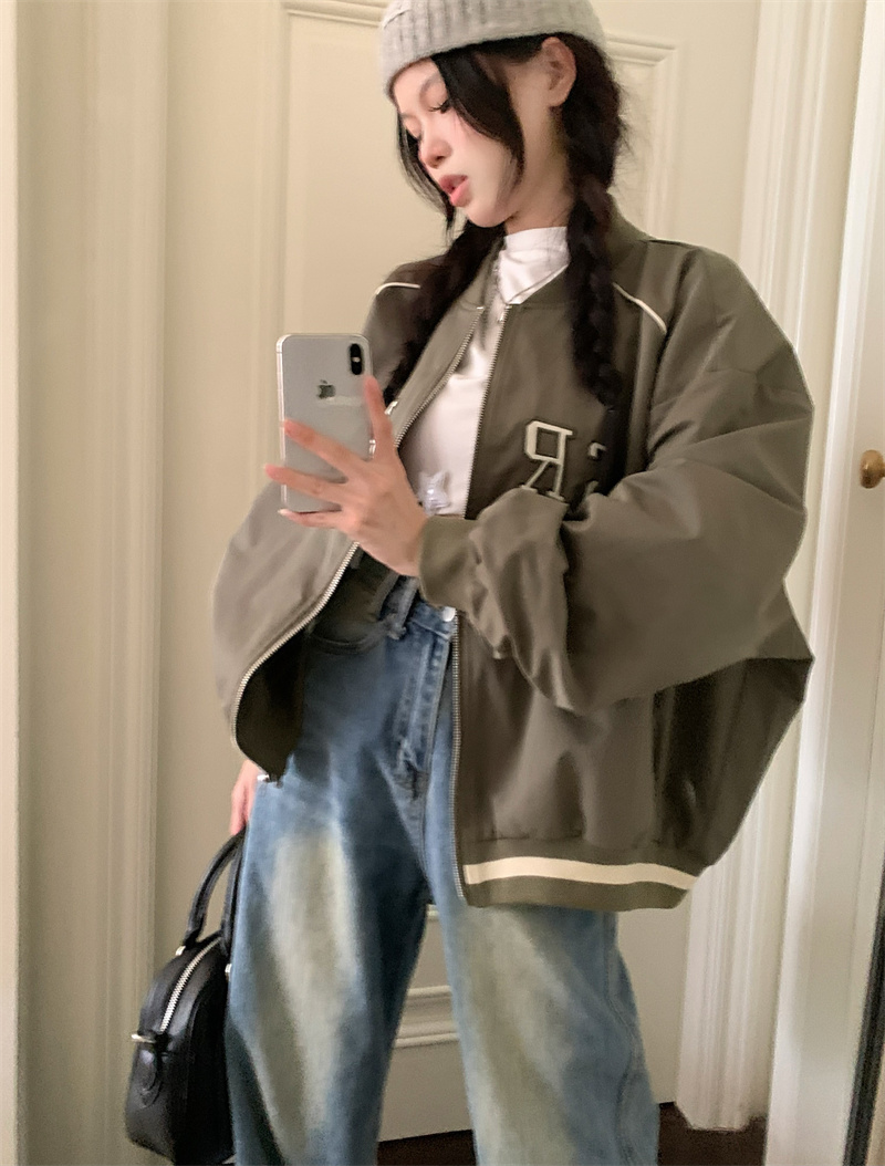 實拍~棒球服女美式短款字母刺繡休閒飛行員夾克外套