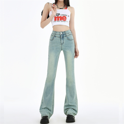 Actual shot of 2024 women's spring clothing American retro high-waisted slim light blue jeans