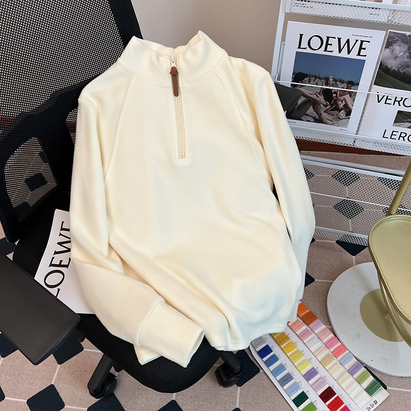 Real shot Spring Korean version loose 280g German velvet zipper short solid color mid-length large size bottoming shirt T-shirt for women