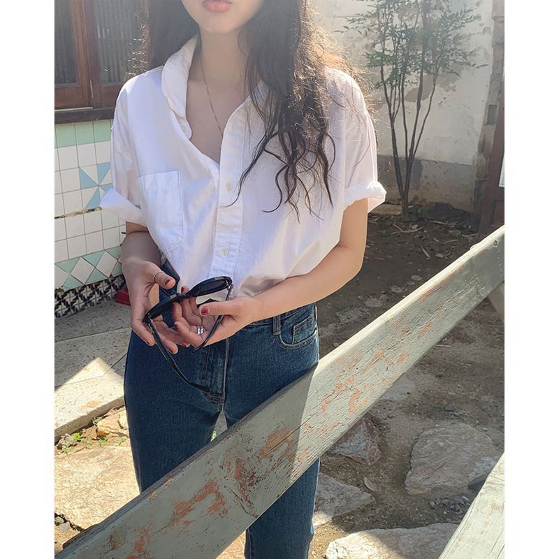 韓版白色短袖襯衫女夏季新款設計感小眾襯衣寬鬆慵懶休閒薄款上衣