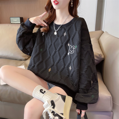 Real shot 2024 spring Korean style loose round neck jacquard embroidered mid-length large size thin sweatshirt for women