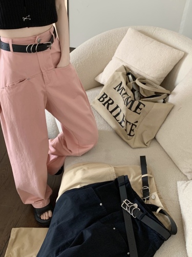 Real shot of Hong Kong style fashionable high-waisted casual pants for women, slim wide-leg pants for small people, straight overalls